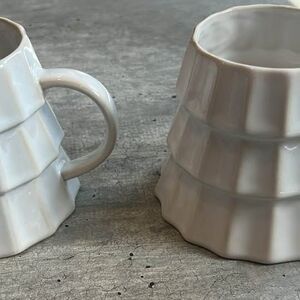 Set of 2 West Elm White Ceramic Tiered Fluted Coffee Mugs